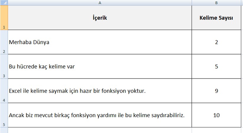 Excel Kelime Sayma